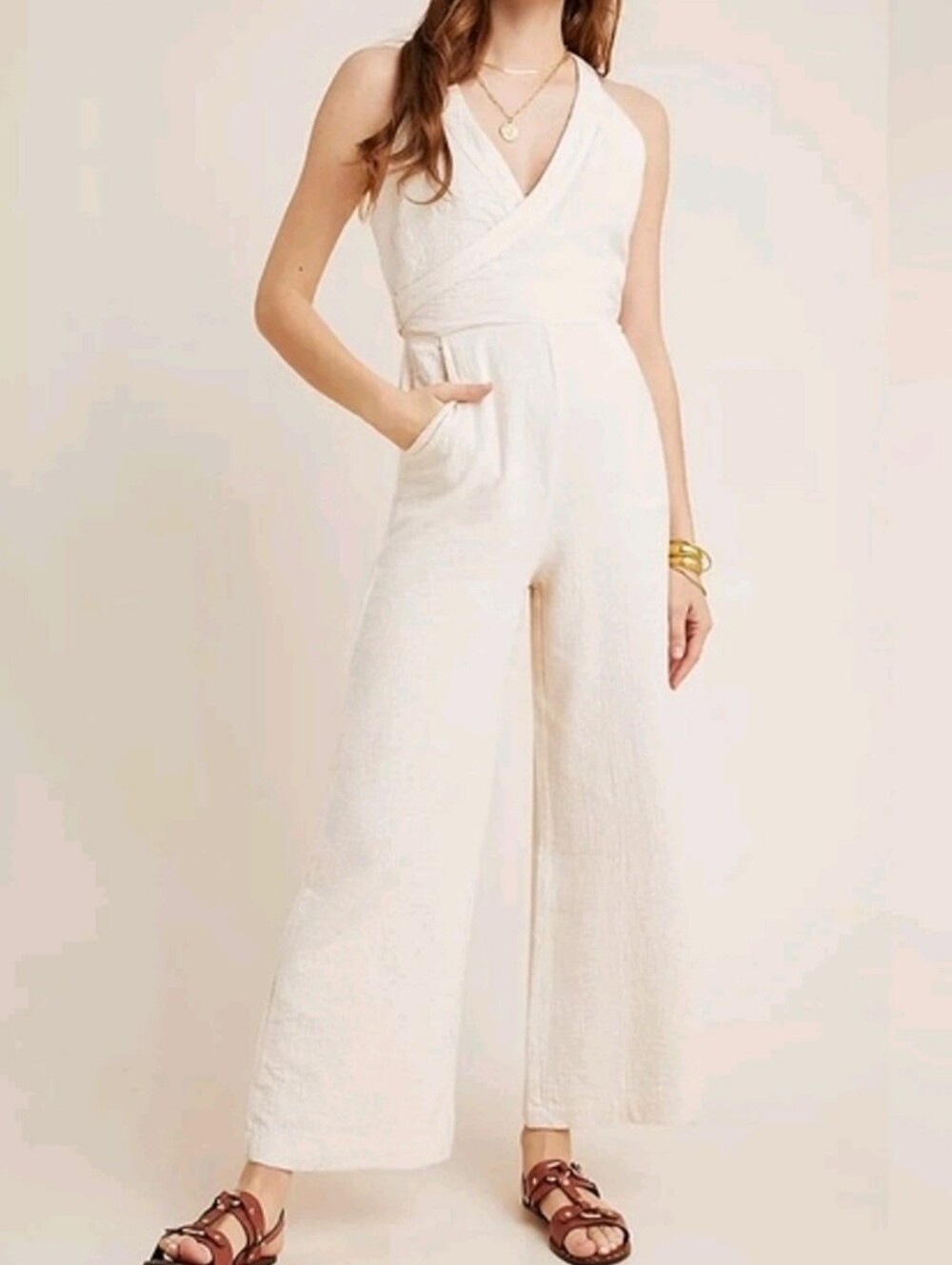 Anthropologie Demi Textured Wide Leg V Neck Jumpsuit Ivory Tie Back Size 2